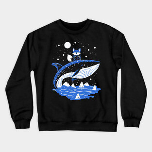 Fox Riding Whale - Monochromatic Winter Crewneck Sweatshirt