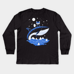 Fox Riding Whale - Monochromatic Winter Kids Long Sleeve T-Shirt