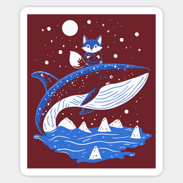 Fox Riding Whale - Monochromatic Winter Magnet by TuncGK