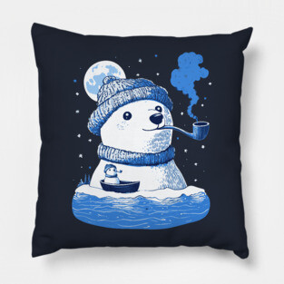 Polar Bear Smoking Pipe - Monochromatic Winter Pillow