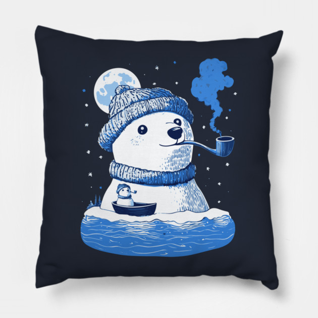Polar Bear Smoking Pipe - Monochromatic Winter Pillow by TuncGK