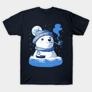 Polar Bear Smoking Pipe - Monochromatic Winter T-Shirt