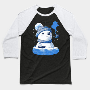 Polar Bear Smoking Pipe - Monochromatic Winter Baseball T-Shirt