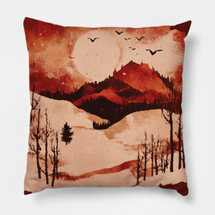 Crimson Winter - Red Vintage Landscape Pillow