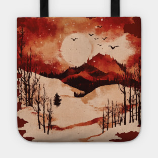 Crimson Winter - Red Vintage Landscape Tote