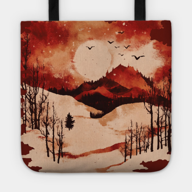 Crimson Winter - Red Vintage Landscape Tote by TuncGK