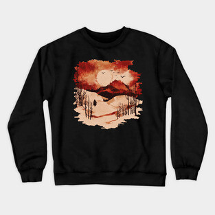 Crimson Winter - Red Vintage Landscape Crewneck Sweatshirt