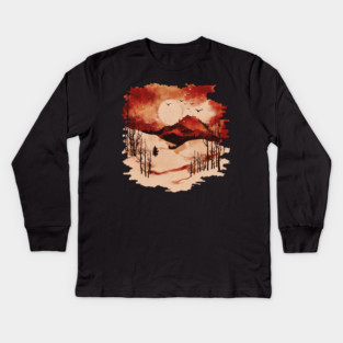 Crimson Winter - Red Vintage Landscape Kids Long Sleeve T-Shirt