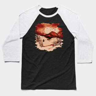 Crimson Winter - Red Vintage Landscape Baseball T-Shirt