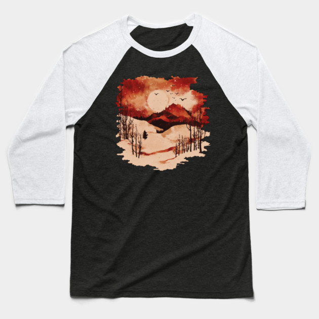 Crimson Winter - Red Vintage Landscape Baseball T-Shirt by TuncGK
