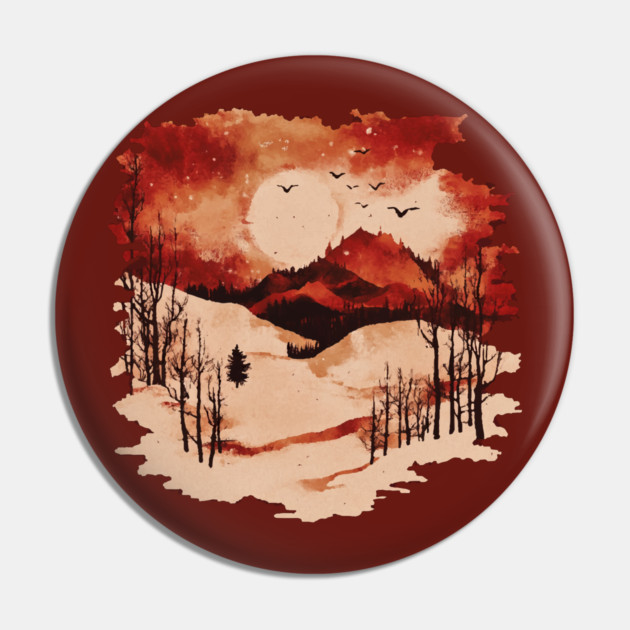 Crimson Winter - Red Vintage Landscape Pin by TuncGK