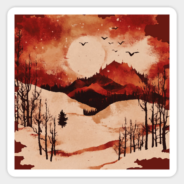 Crimson Winter - Red Vintage Landscape Magnet by TuncGK