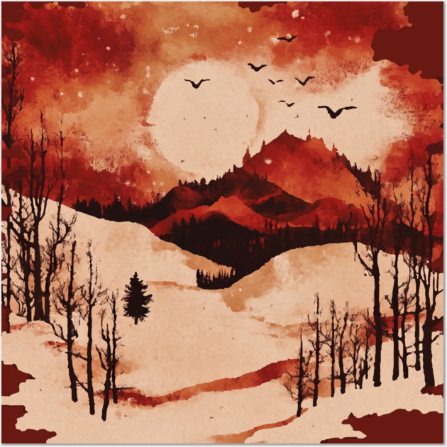 Crimson Winter - Red Vintage Landscape Wall Art by TuncGK