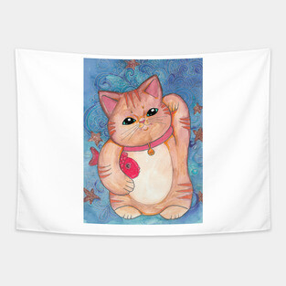 Orange Tabby Lucky Cat Tapestry