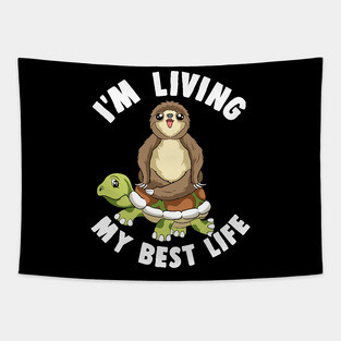 Cute I'm Living My Best Life Sloth & Turtle Animal Tapestry