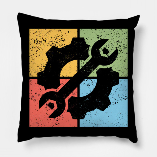 Mechanics Pop Art Design - Retro Tools and Gears Pillow by TuncGK