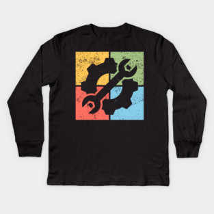 Mechanics Pop Art Design - Retro Tools and Gears Kids Long Sleeve T-Shirt