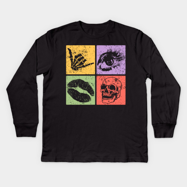 Rock, Eye, Kiss, Skull Pop Art Design - Edgy Art Kids Long Sleeve T-Shirt by TuncGK