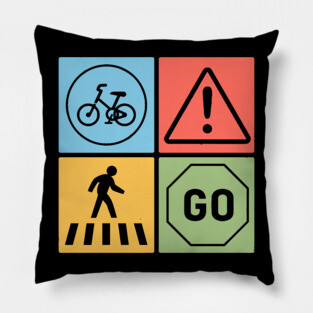 Traffic Signs Pop Art Design - Retro Road Symbol Pillow