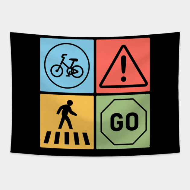 Traffic Signs Pop Art Design - Retro Road Symbol Tapestry by TuncGK