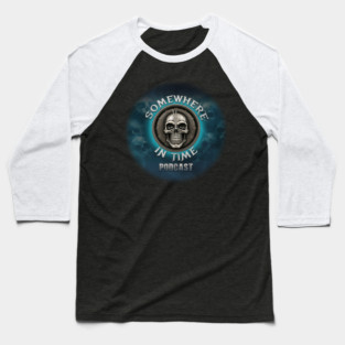 Two Sided Somewhere in Time Podcast Skull Clock Logo Baseball T-Shirt