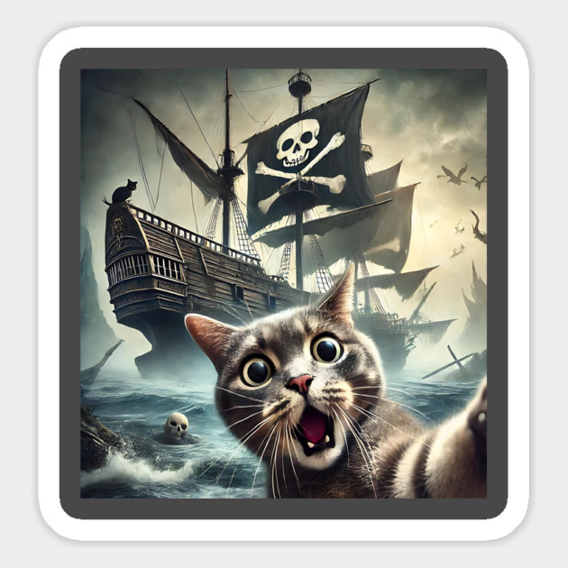 Surprised Cat Selfie with Ancient Pirate Ship funny photo Magnet by Luxinda