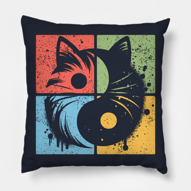 Geometric Cat Yin Yang Retro Art Pillow by TuncGK