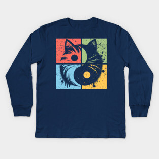 Geometric Cat Yin Yang Retro Art Kids Long Sleeve T-Shirt
