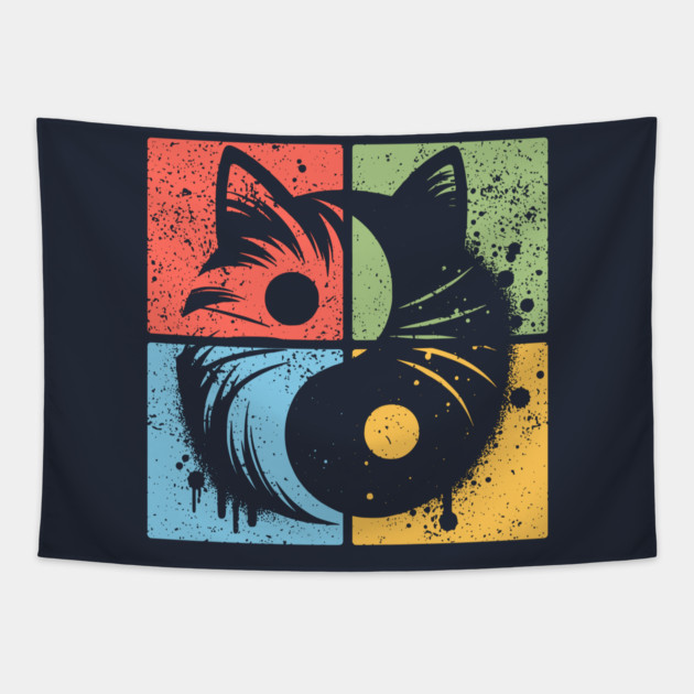 Geometric Cat Yin Yang Retro Art Tapestry by TuncGK