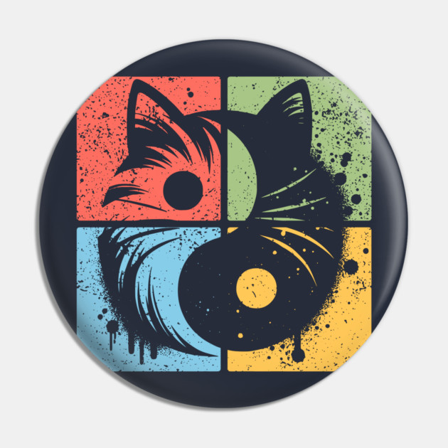 Geometric Cat Yin Yang Retro Art Pin by TuncGK