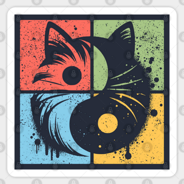 Geometric Cat Yin Yang Retro Art Sticker by TuncGK