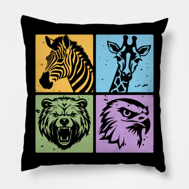 Colorful Wildlife Pop Art Collage Pillow by TuncGK