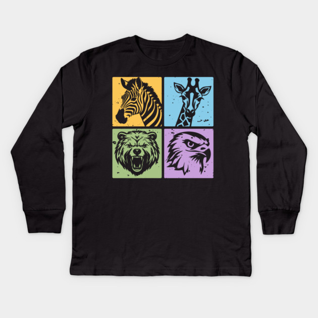 Colorful Wildlife Pop Art Collage Kids Long Sleeve T-Shirt by TuncGK