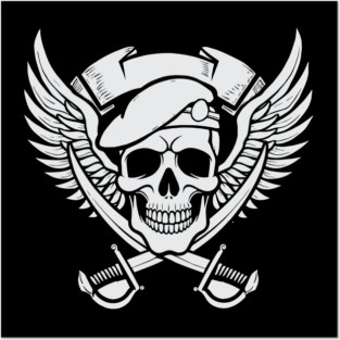 Skull wearing a beret with crossed sabers and wings Posters and Art