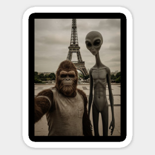 Selfie of Bigfoot and Alien in Paris-Eiffel Tower Sticker