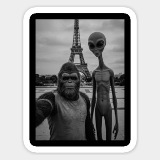 Selfie of Bigfoot and Alien in Paris-Eiffel Tower-2 Sticker