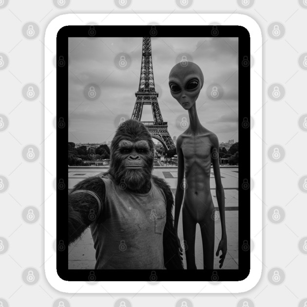 Selfie of Bigfoot and Alien in Paris-Eiffel Tower-2 Sticker by Megadorim