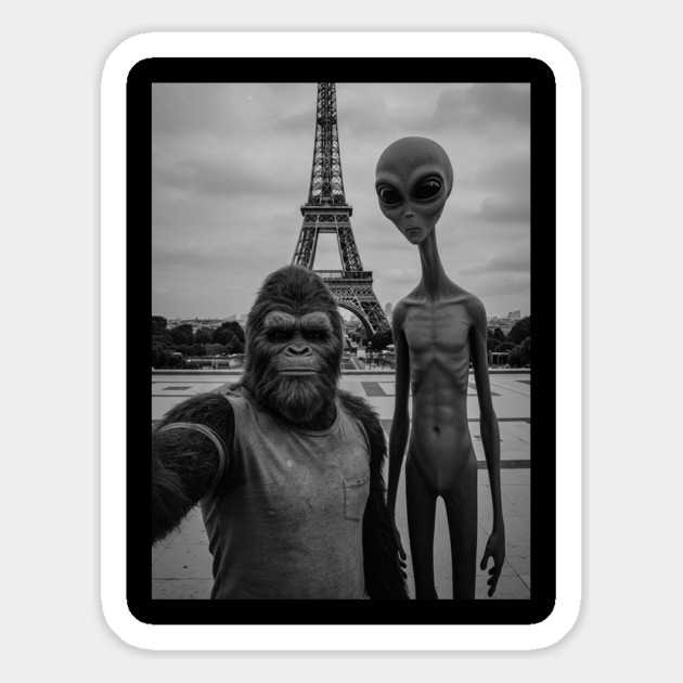 Selfie of Bigfoot and Alien in Paris-Eiffel Tower-2 Magnet by Megadorim