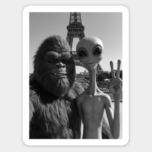Selfie of Bigfoot and Alien in Paris-Eiffel Tower-3 Sticker