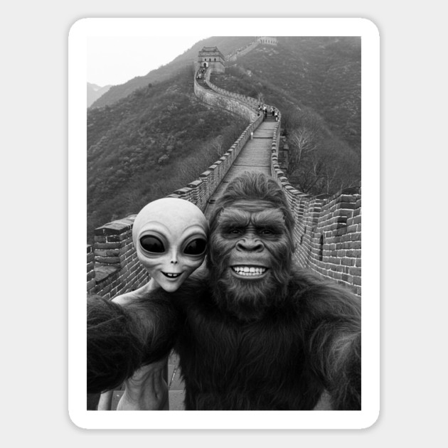 Selfie of Bigfoot and Alien in Great Wall of China Magnet by Megadorim