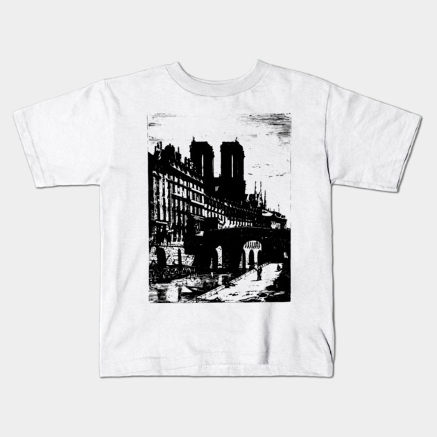 Petit Pont and Notre Dame Engraving - 19th Century Parisian Landscape Kids T-Shirt by TuncGK