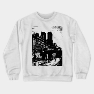 Petit Pont and Notre Dame Engraving - 19th Century Parisian Landscape Crewneck Sweatshirt