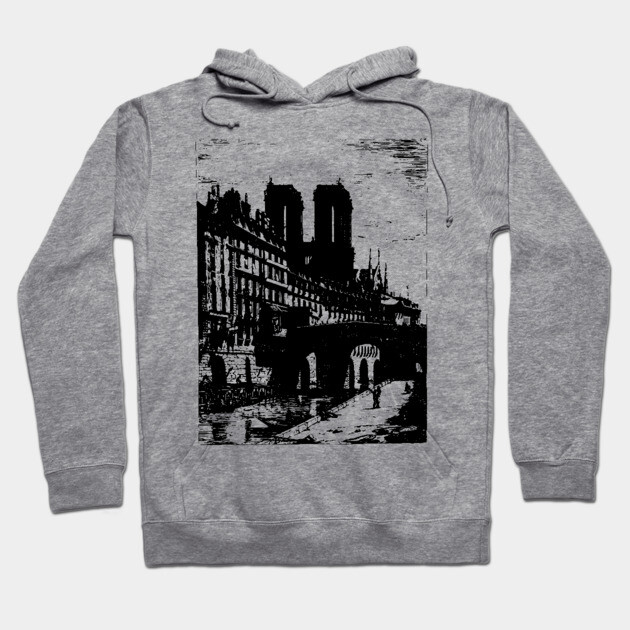 Petit Pont and Notre Dame Engraving - 19th Century Parisian Landscape Hoodie by TuncGK