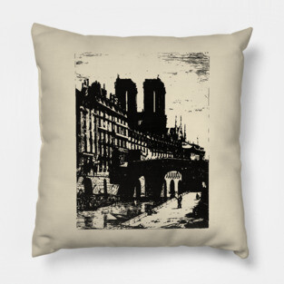 Petit Pont and Notre Dame Engraving - 19th Century Parisian Landscape Pillow