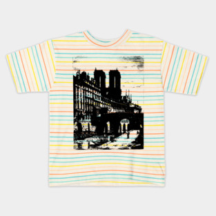Petit Pont and Notre Dame Engraving - 19th Century Parisian Landscape Kids T-Shirt