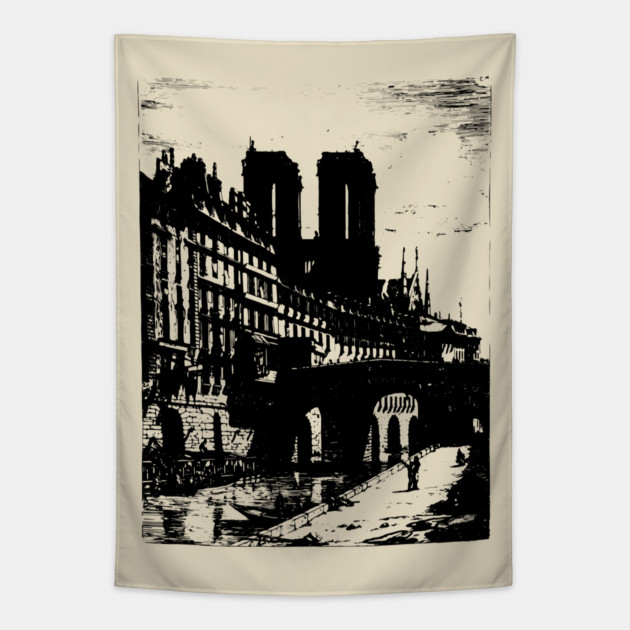 Petit Pont and Notre Dame Engraving - 19th Century Parisian Landscape Tapestry by TuncGK