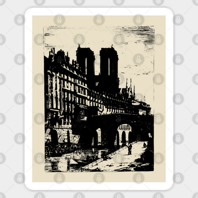 Petit Pont and Notre Dame Engraving - 19th Century Parisian Landscape Sticker by TuncGK