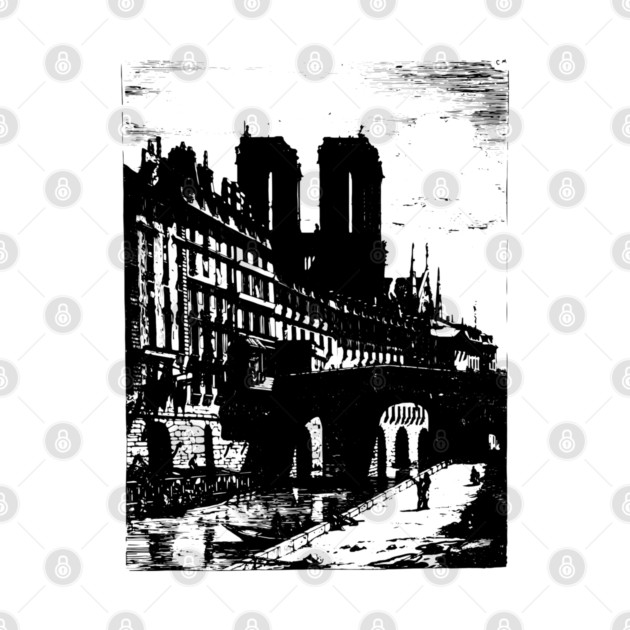 Petit Pont and Notre Dame Engraving - 19th Century Parisian Landscape by TuncGK