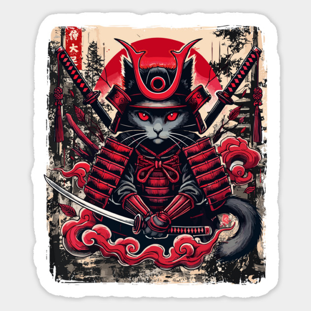 Vintage Samurai Cat Ukiyo E Graphic Japanese Anime Magnet by JessArty