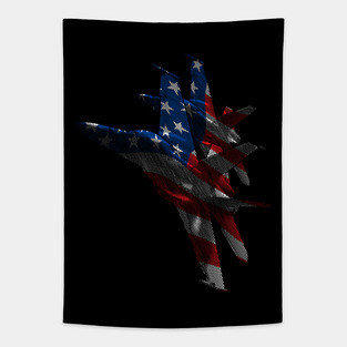 US Military Fighter Attack Jets with American Flag Overlay Tapestry